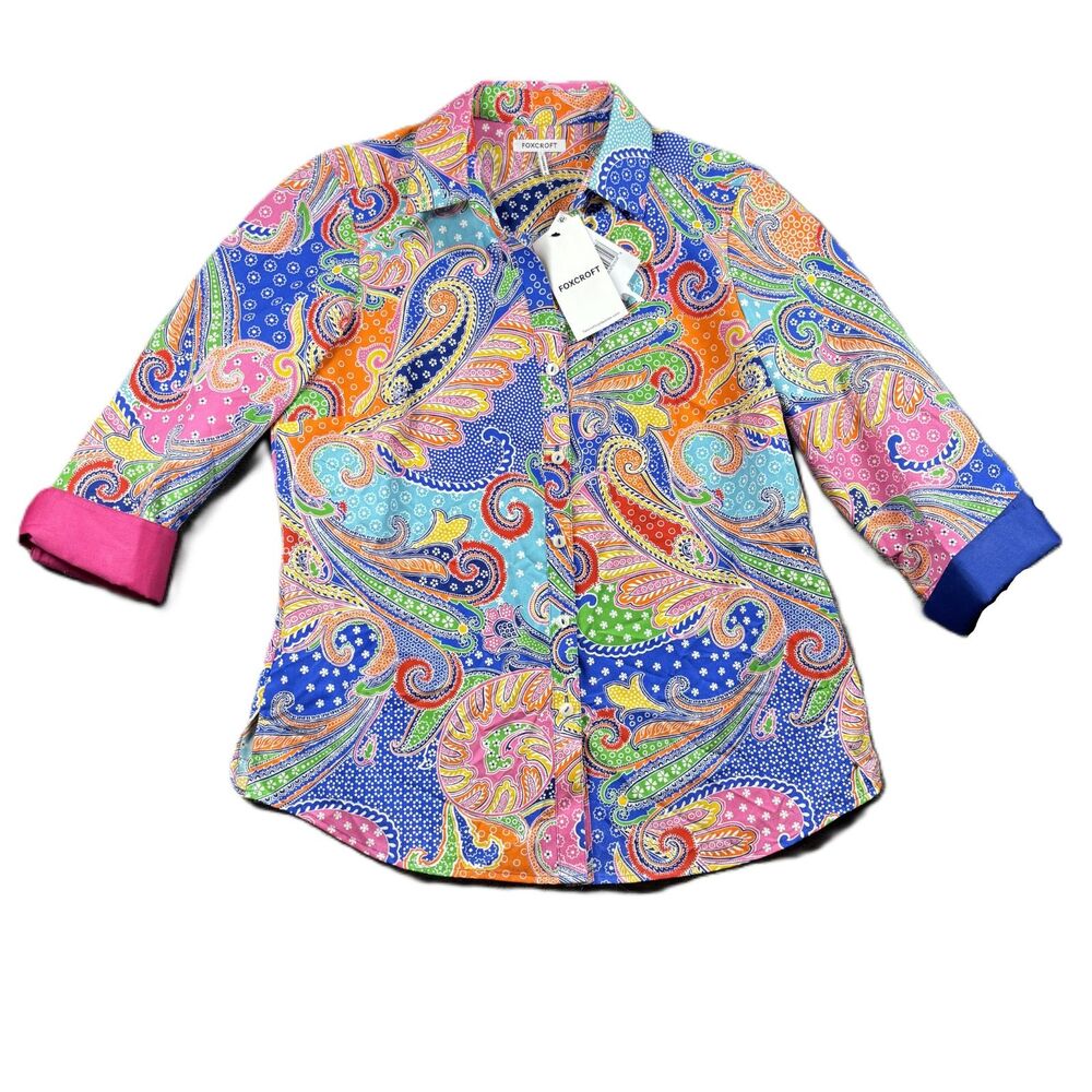 Foxcroft Women Button Up Shirt NEW Mary Paisley Flip Cuff Blue Pink Size 6 P296